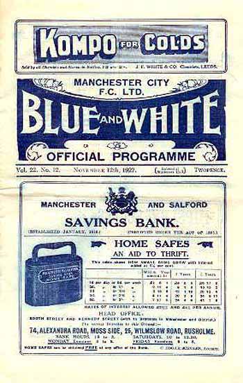programme cover for Manchester City v Chelsea, 12th Nov 1927