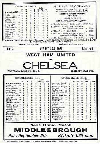 programme cover for West Ham United v Chelsea, 31st Aug 1931