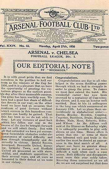 programme cover for Arsenal v Chelsea, 27th Apr 1936