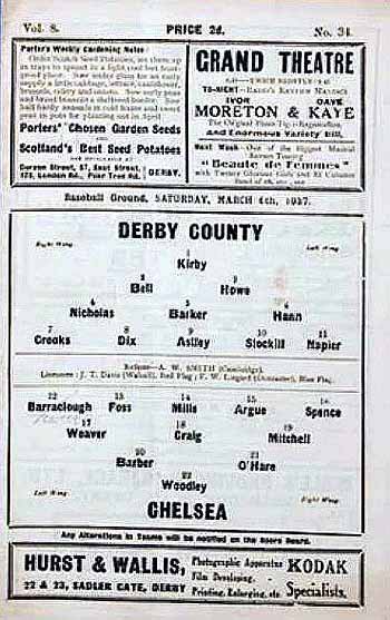 programme cover for Derby County v Chelsea, 6th Mar 1937
