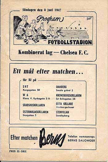 programme cover for Sweden XI v Chelsea, 8th Jun 1947