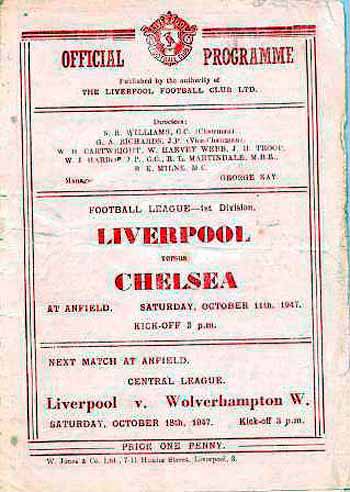 programme cover for Liverpool v Chelsea, Saturday, 11th Oct 1947