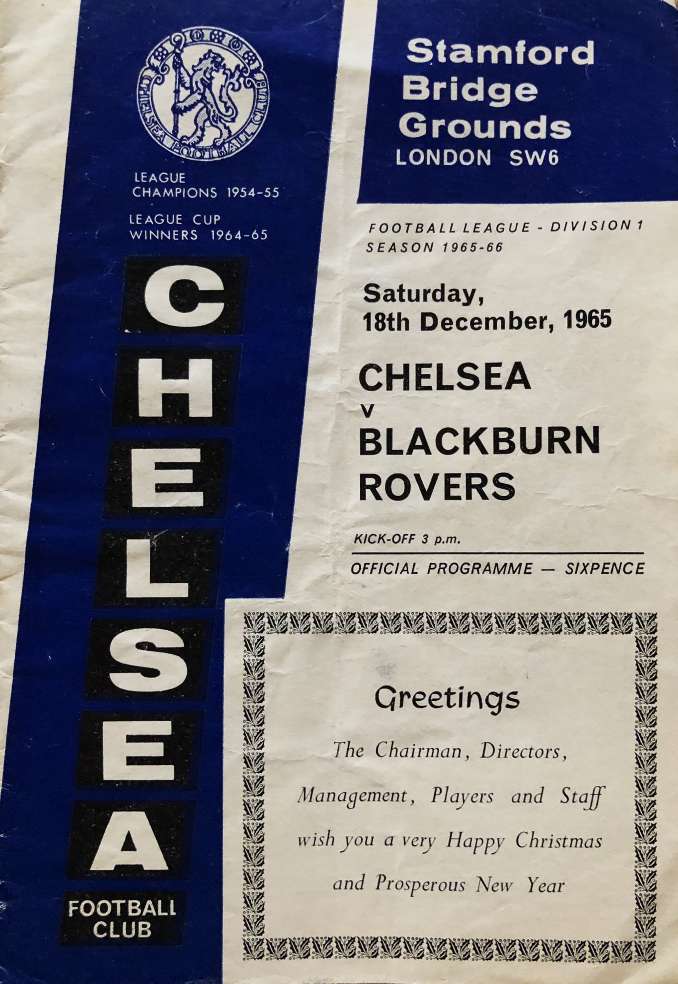 programme cover for Chelsea v Blackburn Rovers, Saturday, 18th Dec 1965