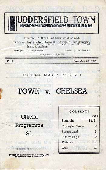 programme cover for Huddersfield Town v Chelsea, 6th Nov 1948
