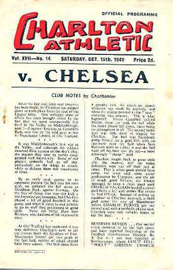 programme cover for Charlton Athletic v Chelsea, 15th Oct 1949