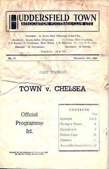programme cover for Huddersfield Town v Chelsea, 12th Nov 1949