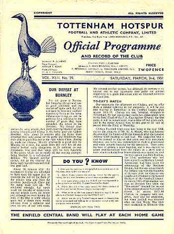 programme cover for Tottenham Hotspur v Chelsea, Saturday, 3rd Mar 1951