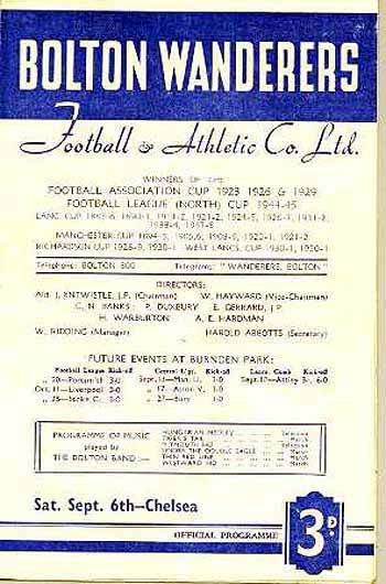 programme cover for Bolton Wanderers v Chelsea, 6th Sep 1952