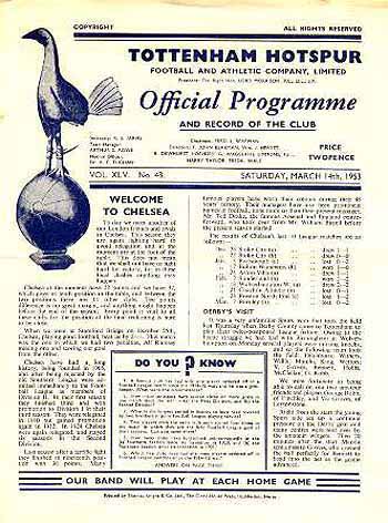 programme cover for Tottenham Hotspur v Chelsea, 14th Mar 1953
