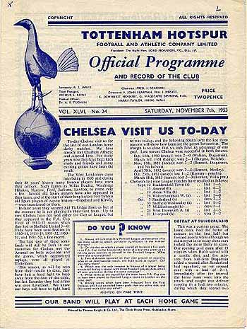 programme cover for Tottenham Hotspur v Chelsea, 7th Nov 1953