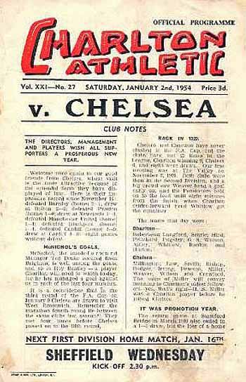 programme cover for Charlton Athletic v Chelsea, 2nd Jan 1954