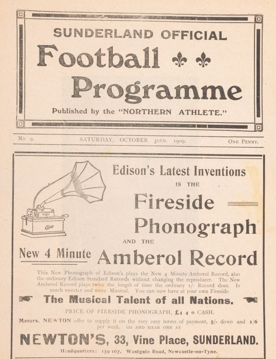 programme cover for Sunderland v Chelsea, 30th Oct 1909