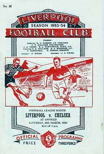 programme cover for Liverpool v Chelsea, 20th Mar 1954