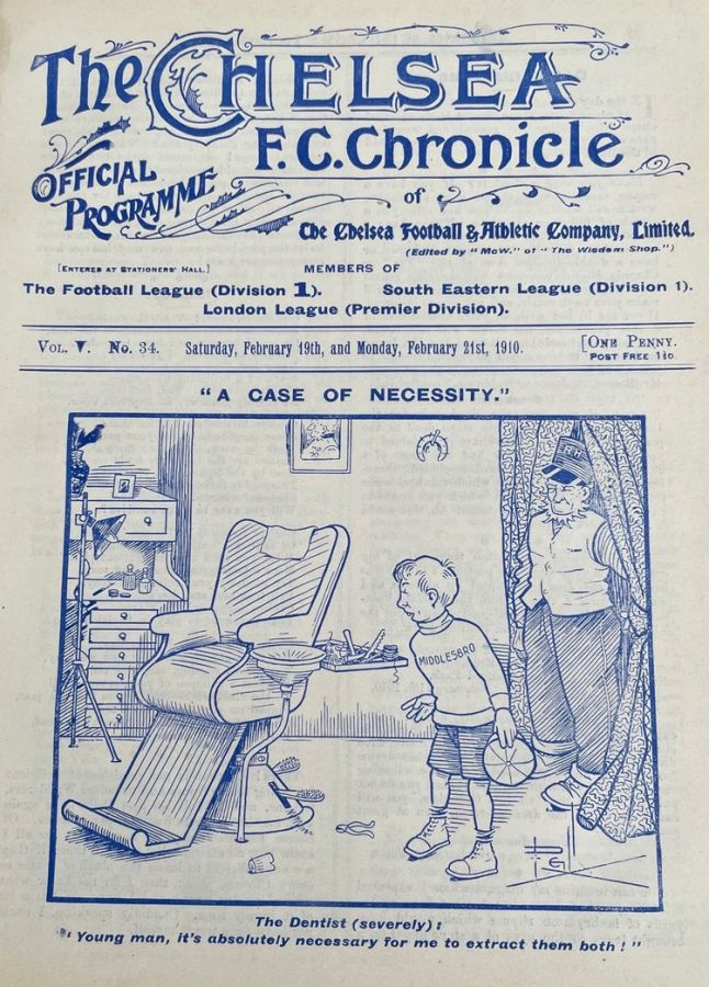 programme cover for Chelsea v Middlesbrough, Saturday, 19th Feb 1910
