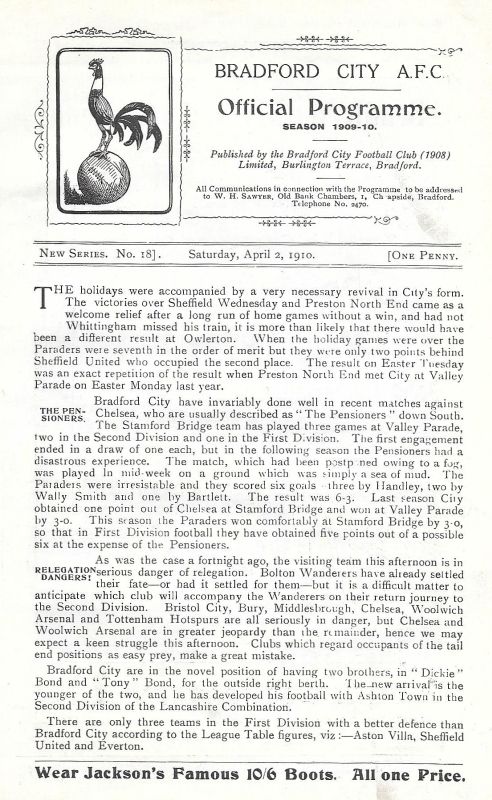 programme cover for Bradford City v Chelsea, 2nd Apr 1910