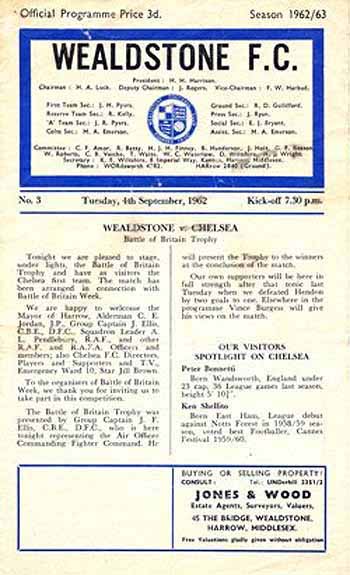 programme cover for Wealdstone v Chelsea, Tuesday, 4th Sep 1962