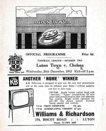 programme cover for Luton Town v Chelsea, Wednesday, 26th Dec 1962