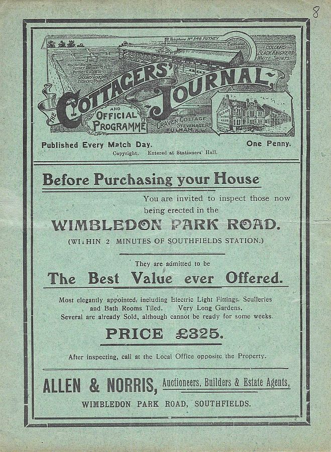 programme cover for Fulham v Chelsea, 3rd Dec 1910