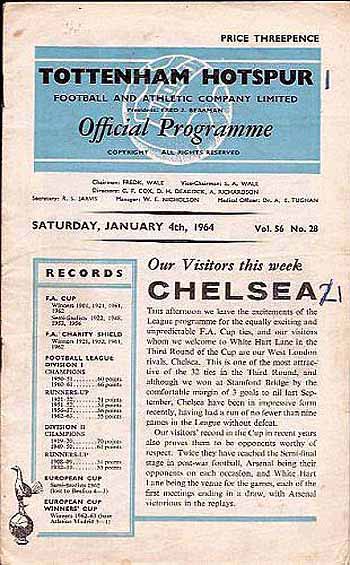 programme cover for Tottenham Hotspur v Chelsea, Saturday, 4th Jan 1964
