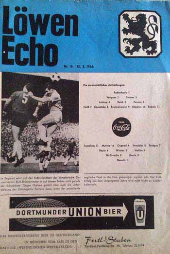 programme cover for T.S.V. Munich 1860 v Chelsea, Tuesday, 15th Mar 1966
