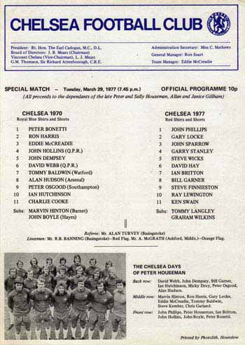 programme cover for Chelsea v Chelsea 1970 XI, Tuesday, 29th Mar 1977