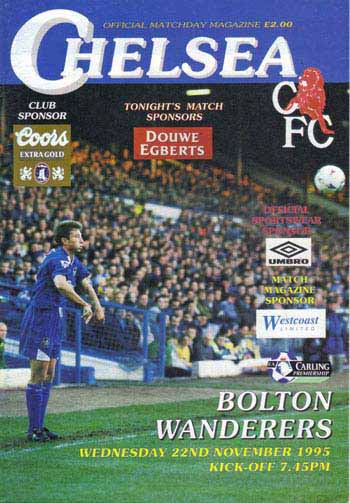 programme cover for Chelsea v Bolton Wanderers, Wednesday, 22nd Nov 1995