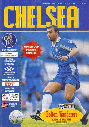 programme cover for Chelsea v Bolton Wanderers, 10th May 1998