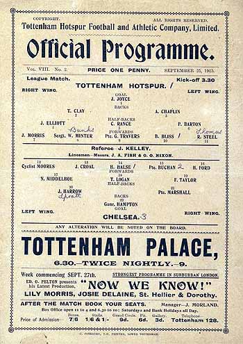 programme cover for Tottenham Hotspur v Chelsea, 25th Sep 1915