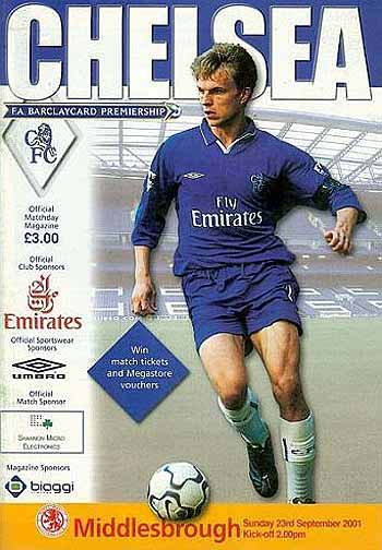 programme cover for Chelsea v Middlesbrough, 23rd Sep 2001