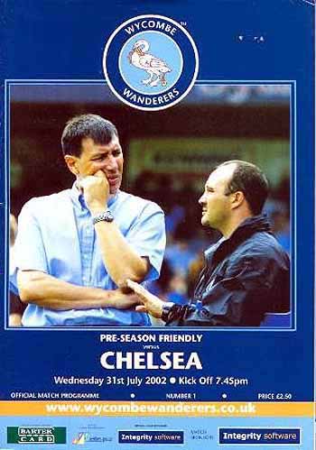 programme cover for Wycombe Wanderers v Chelsea, 31st Jul 2002