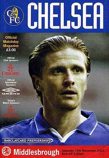 programme cover for Chelsea v Middlesbrough, 16th Nov 2002