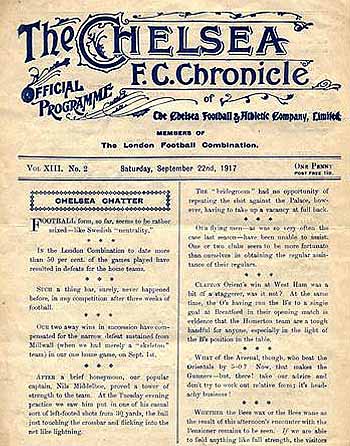 programme cover for Chelsea v Brentford, 22nd Sep 1917