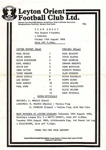 programme cover for Leyton Orient v Chelsea, Friday, 11th Aug 1989