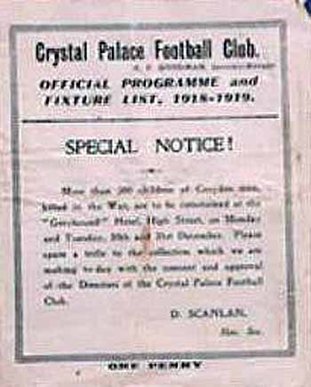 programme cover for Crystal Palace v Chelsea, 26th Dec 1918