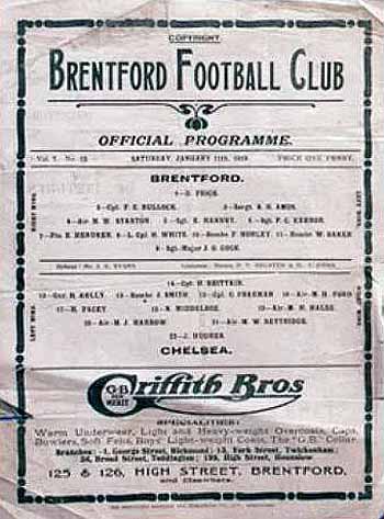 programme cover for Brentford v Chelsea, 11th Jan 1919