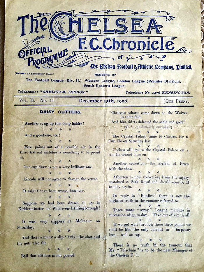 programme cover for Chelsea v Clapton Orient, Saturday, 15th Dec 1906
