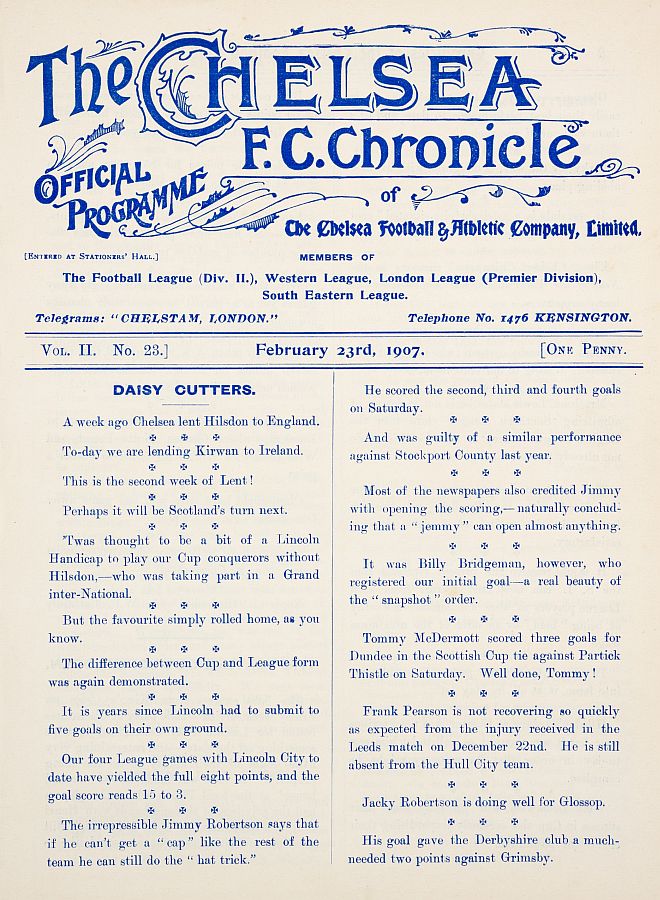programme cover for Chelsea v Burton United, 23rd Feb 1907