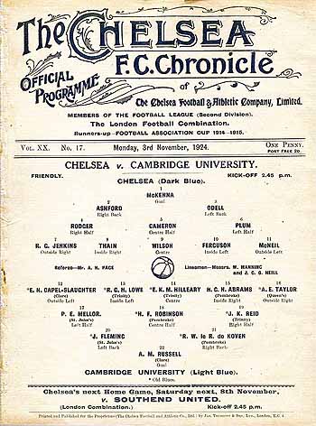 programme cover for Chelsea v Cambridge University, Monday, 3rd Nov 1924