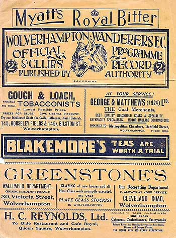 programme cover for Wolverhampton Wanderers v Chelsea, 30th Aug 1926