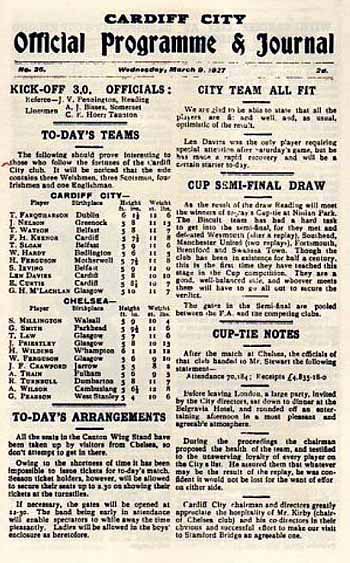 programme cover for Cardiff City v Chelsea, 9th Mar 1927