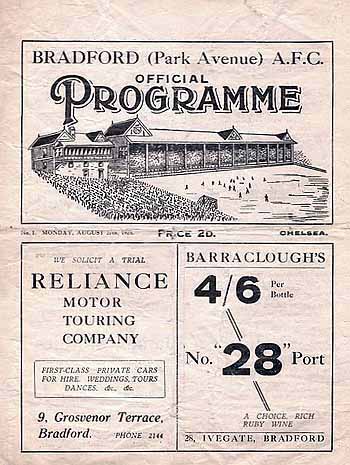 programme cover for Bradford Park Avenue v Chelsea, Monday, 27th Aug 1928