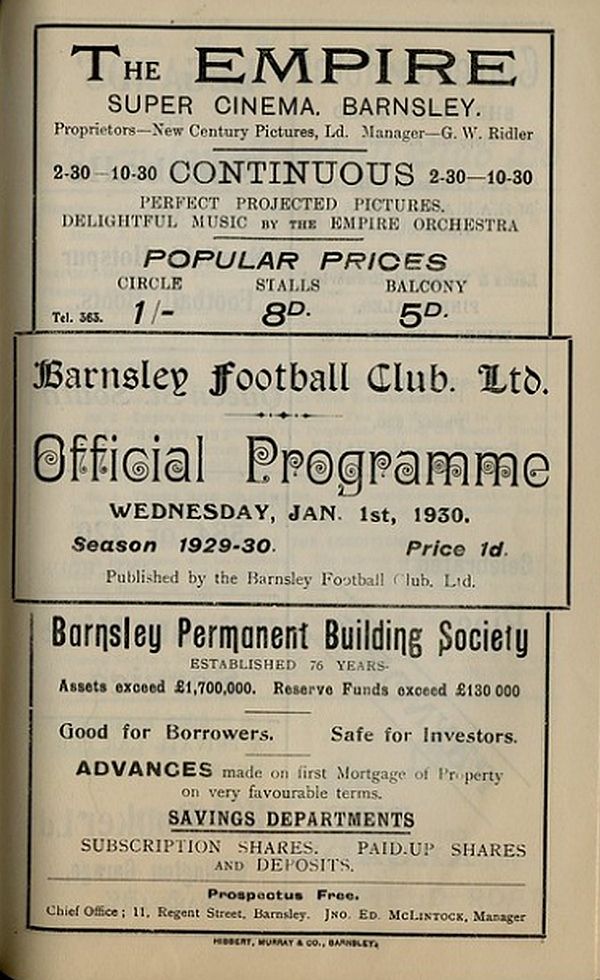programme cover for Barnsley v Chelsea, Wednesday, 1st Jan 1930