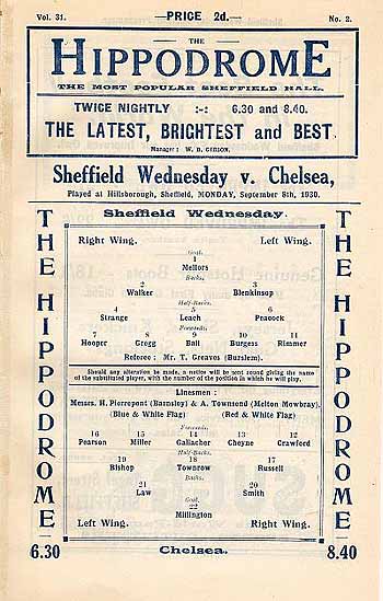 programme cover for Sheffield Wednesday v Chelsea, Monday, 8th Sep 1930