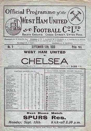 programme cover for West Ham United v Chelsea, 13th Sep 1930