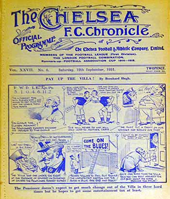 programme cover for Chelsea v Aston Villa, Saturday, 19th Sep 1931