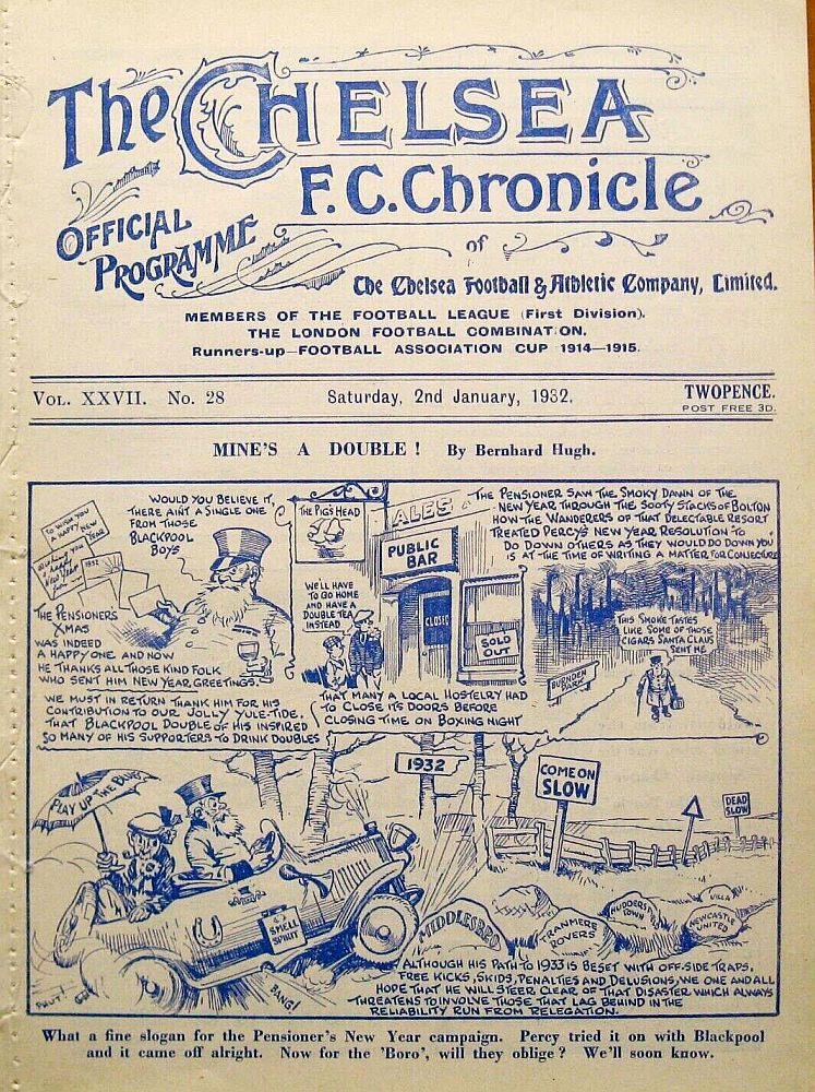 programme cover for Chelsea v Middlesbrough, 2nd Jan 1932