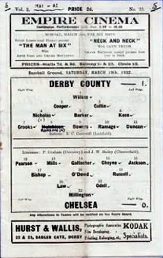 programme cover for Derby County v Chelsea, 19th Mar 1932