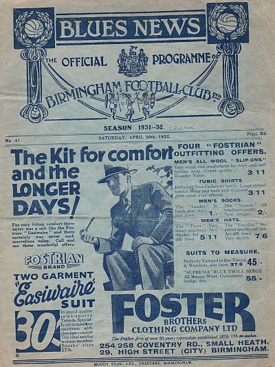 programme cover for Birmingham v Chelsea, 30th Apr 1932