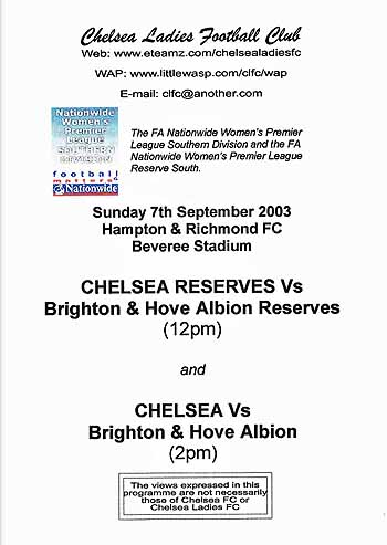 programme cover for Chelsea v Brighton And Hove Albion, Sunday, 7th Sep 2003