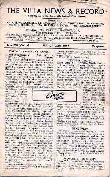 programme cover for Aston Villa v Chelsea, 29th Mar 1947